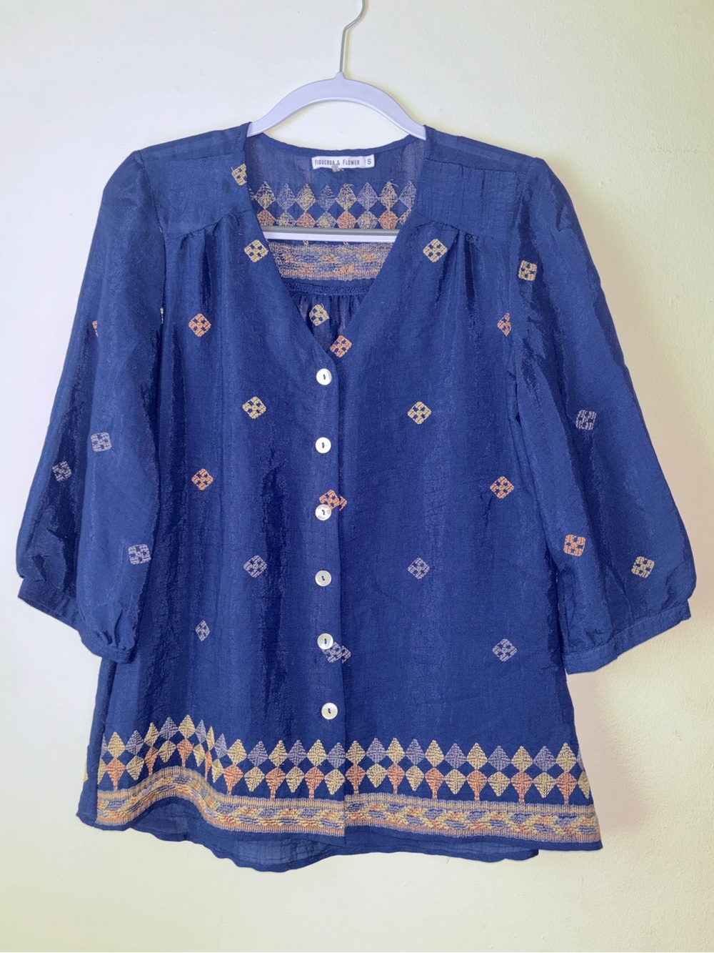 Figueroa & Flower Boho Embroidered Blouse Sz S Button Peasant Festival Flowy Art